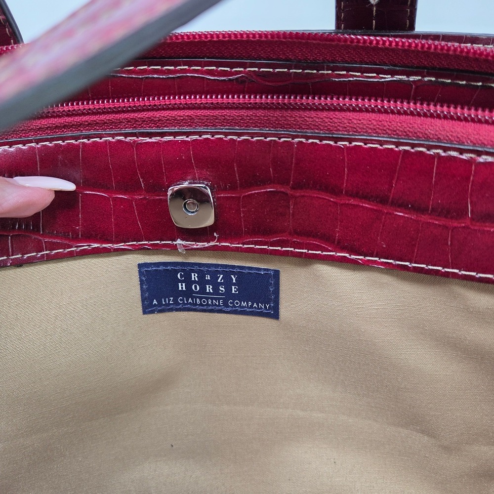 Crazy Horse Liz Claiborne Burgundy Croc Embossed Triple Compartment Shoulder Bag - Picture 9 of 11
